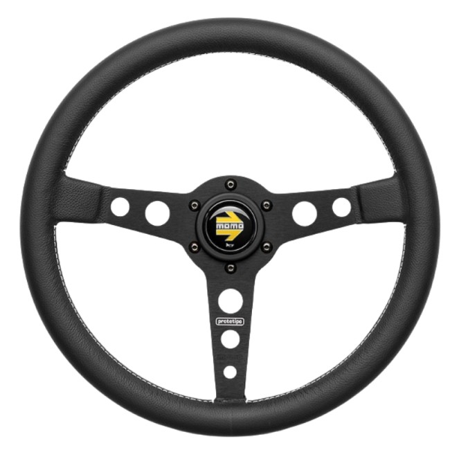 Volant MOMO Prototipo cuir noir - branches noires - diamètre 350mm - coutures blanches parallèles