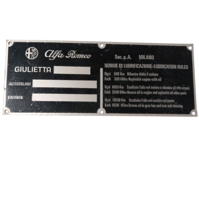 OCCASION - Plaque alu identification chassis et moteur - entretien Giulietta 750-101
